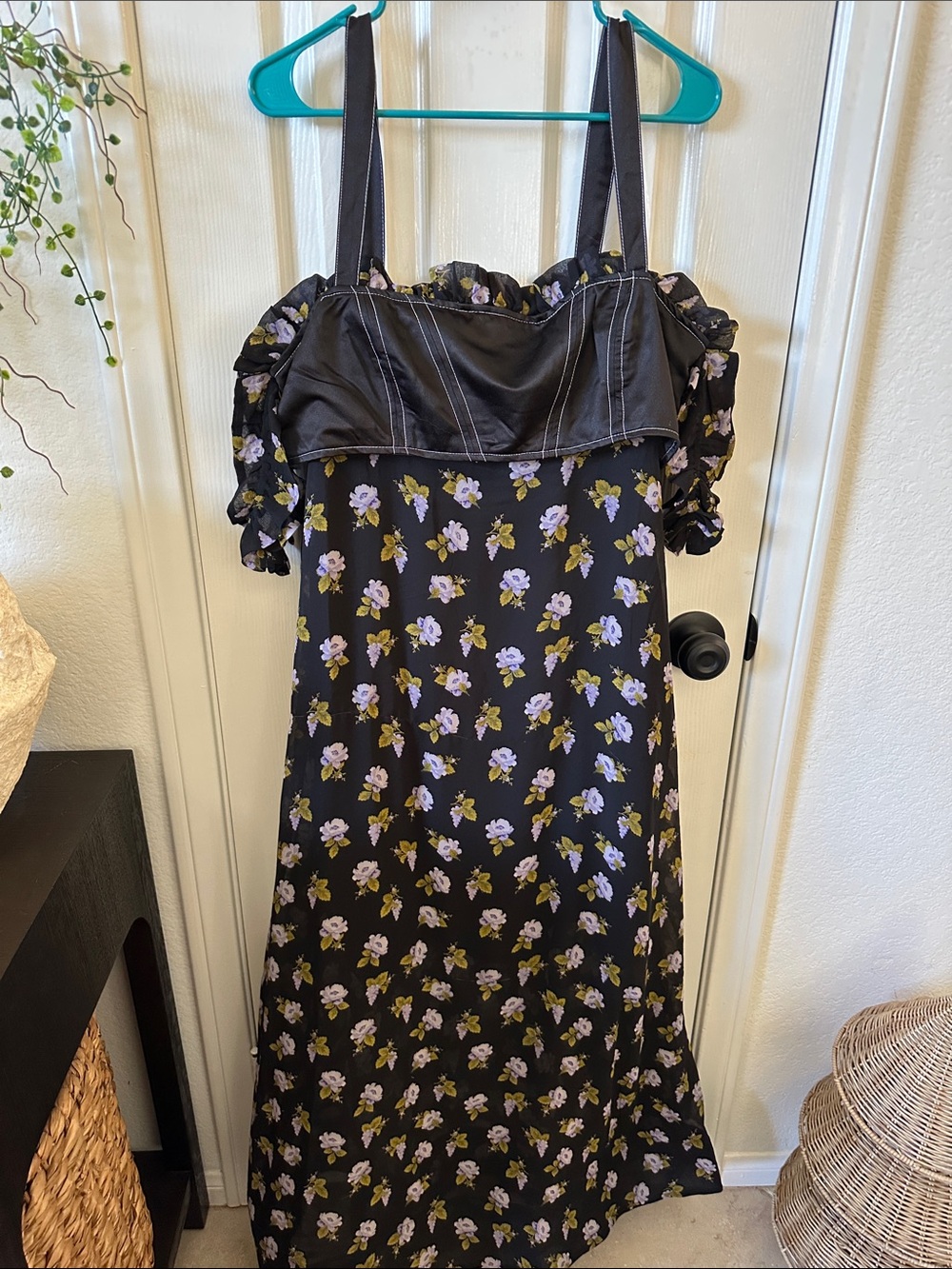 Maeve Black Floral Sundress with Lilac and Green Accents
